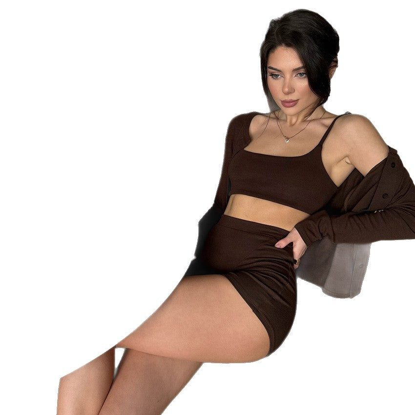 Knitted Cardigan Vest Shorts Set Pajamas Soft Breathable