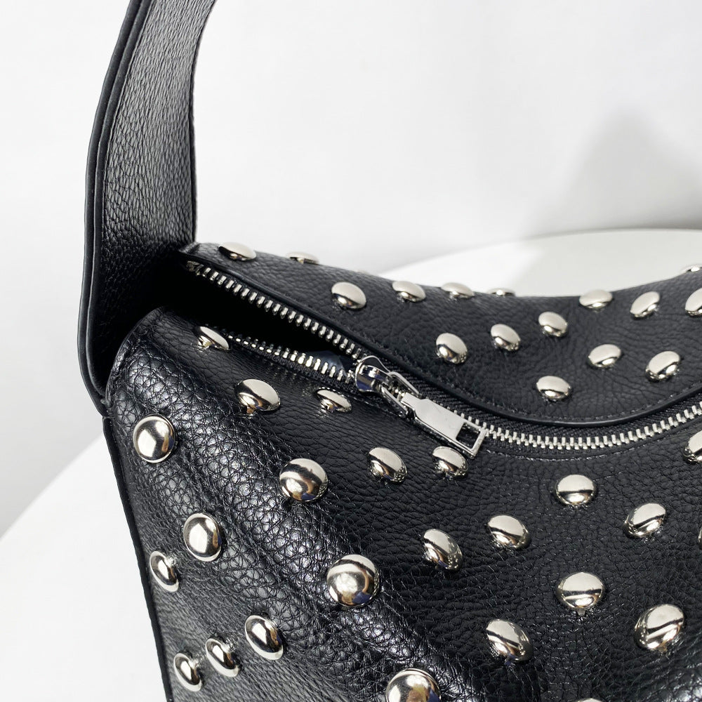 Stylish Edgy Niche Underarm Shoulder Bag With Rivet Detailing