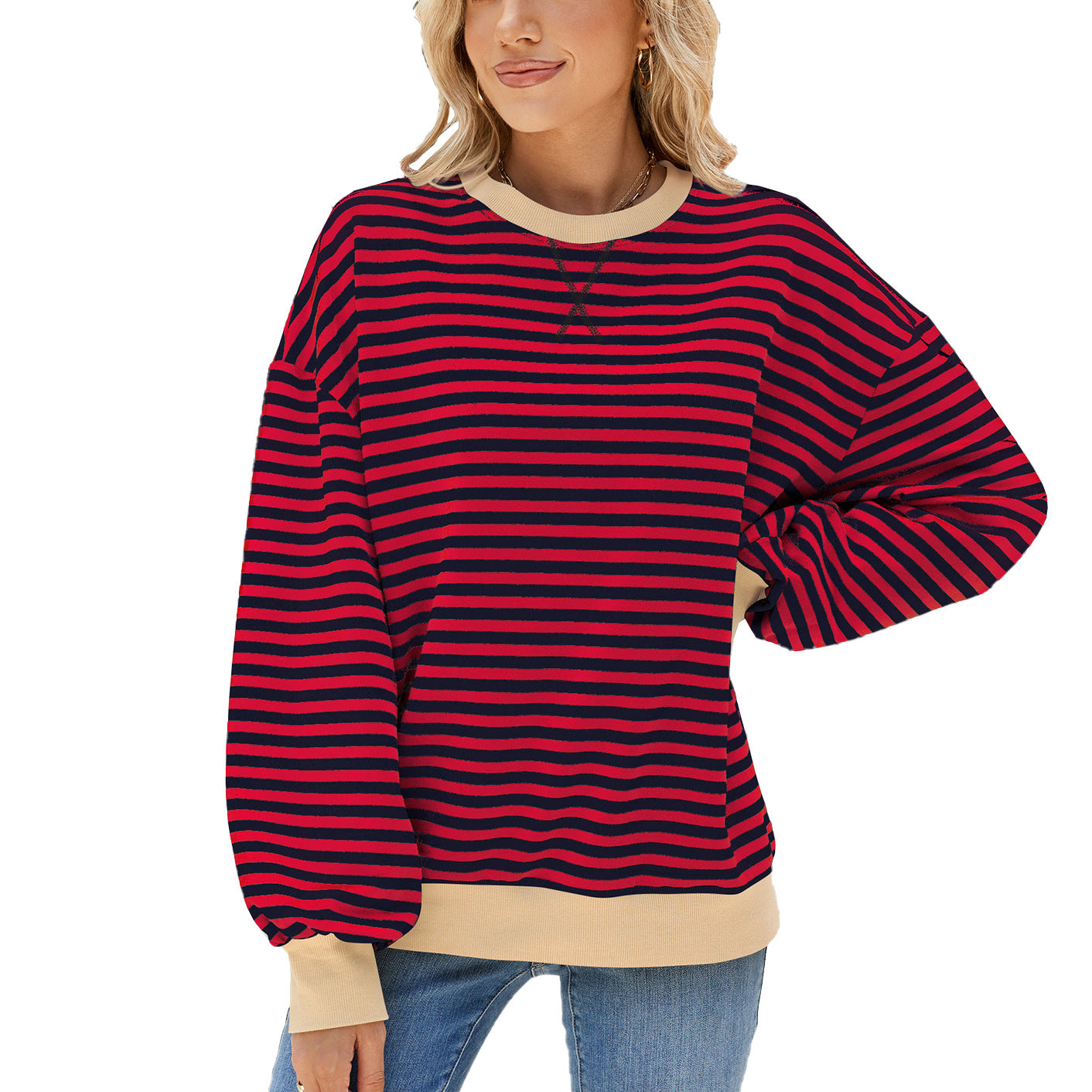 Kvinder Stribet Rund Hals Kontrastfarve Løs Langærmet Sweatshirt