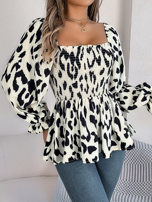 Women's Casual Ruffle Trim Square Neck Leopard Print Long Sleeve Chiffon Top