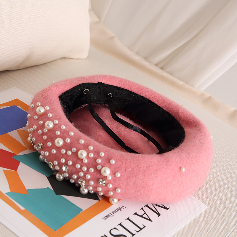 Ladies Small Fragrance Pearl Rhinestone Wool Beret