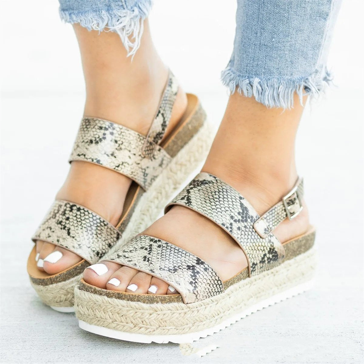 Open-toe flat hemp mid-heel rubber buckle sandals