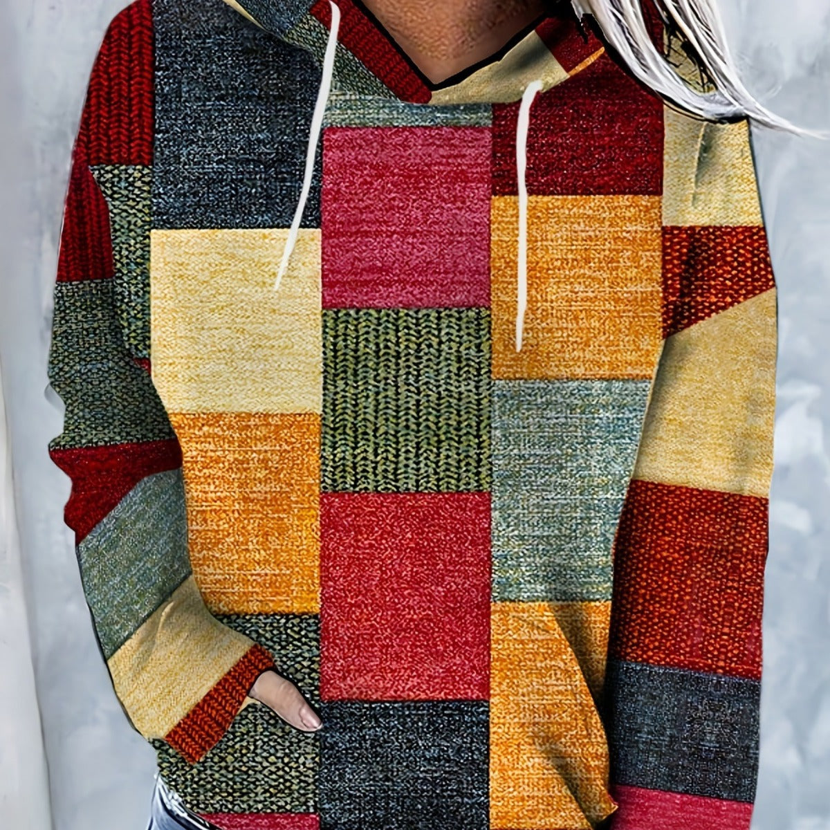 Vintage Plaid Hættetrøje Afslappet Snøre