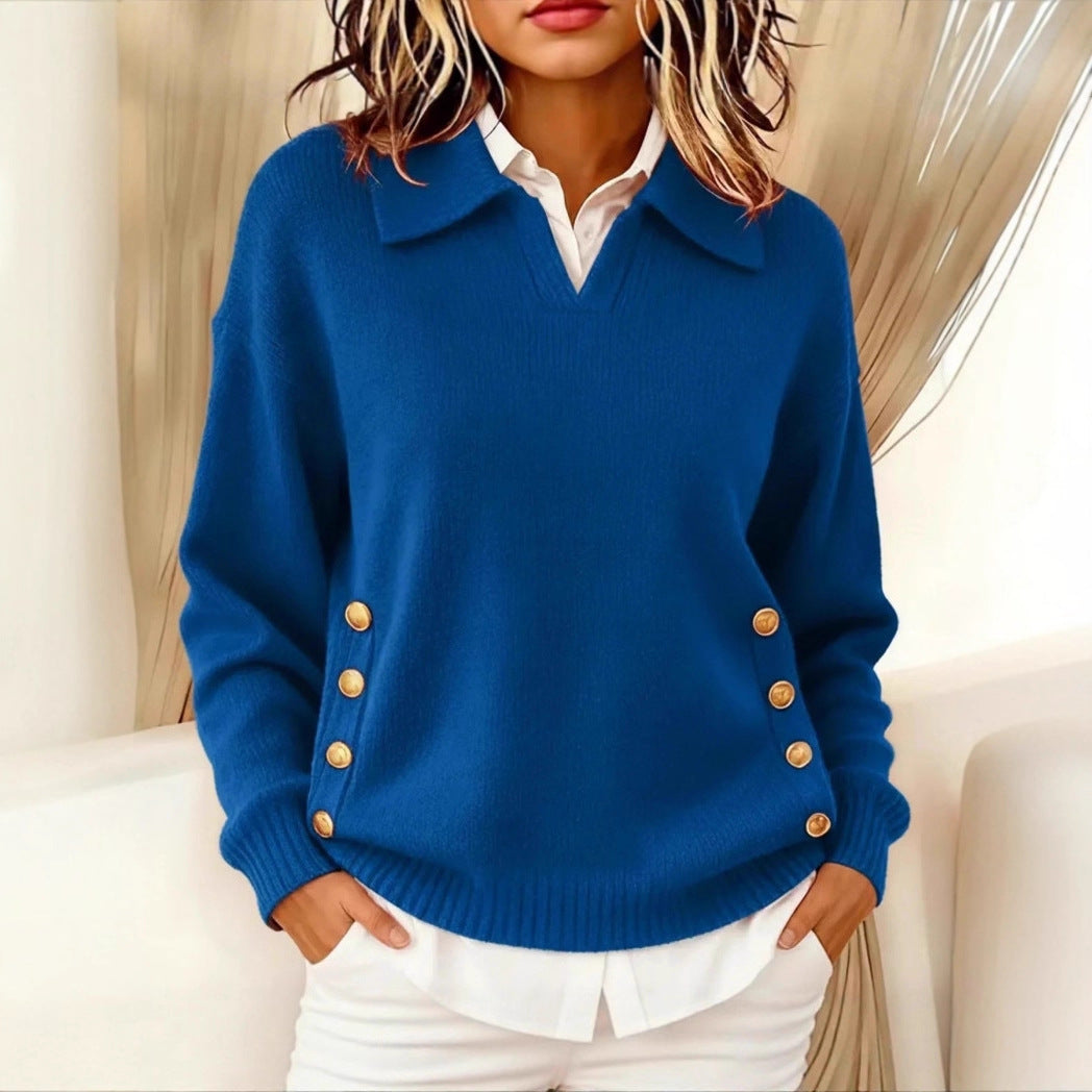 Turn-down Collar Button-down Collar Pullover Women's Long Sleeve