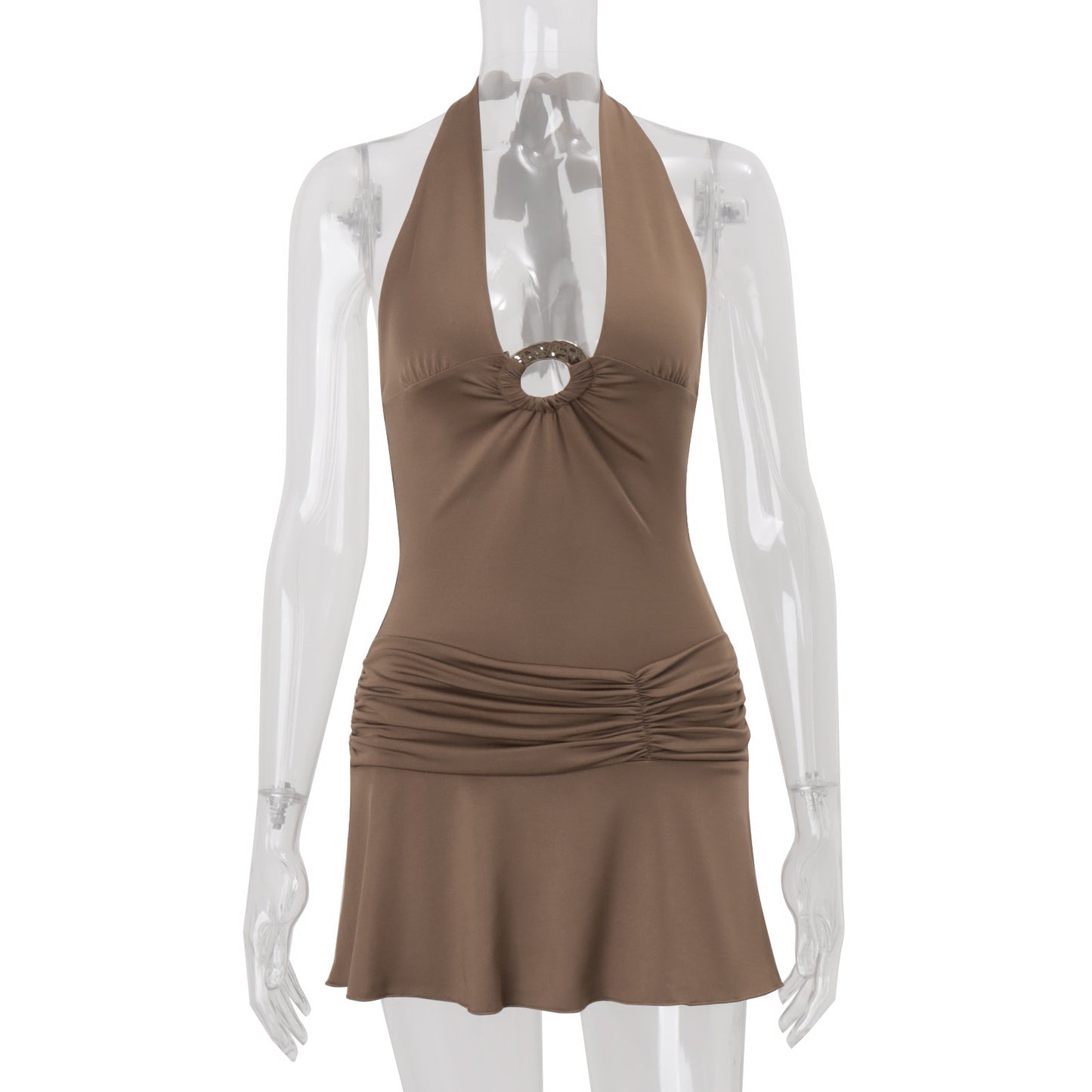 Solid-color V-neck Halter Backless Cinched-waist Pleated Sleeveless Mini Dress