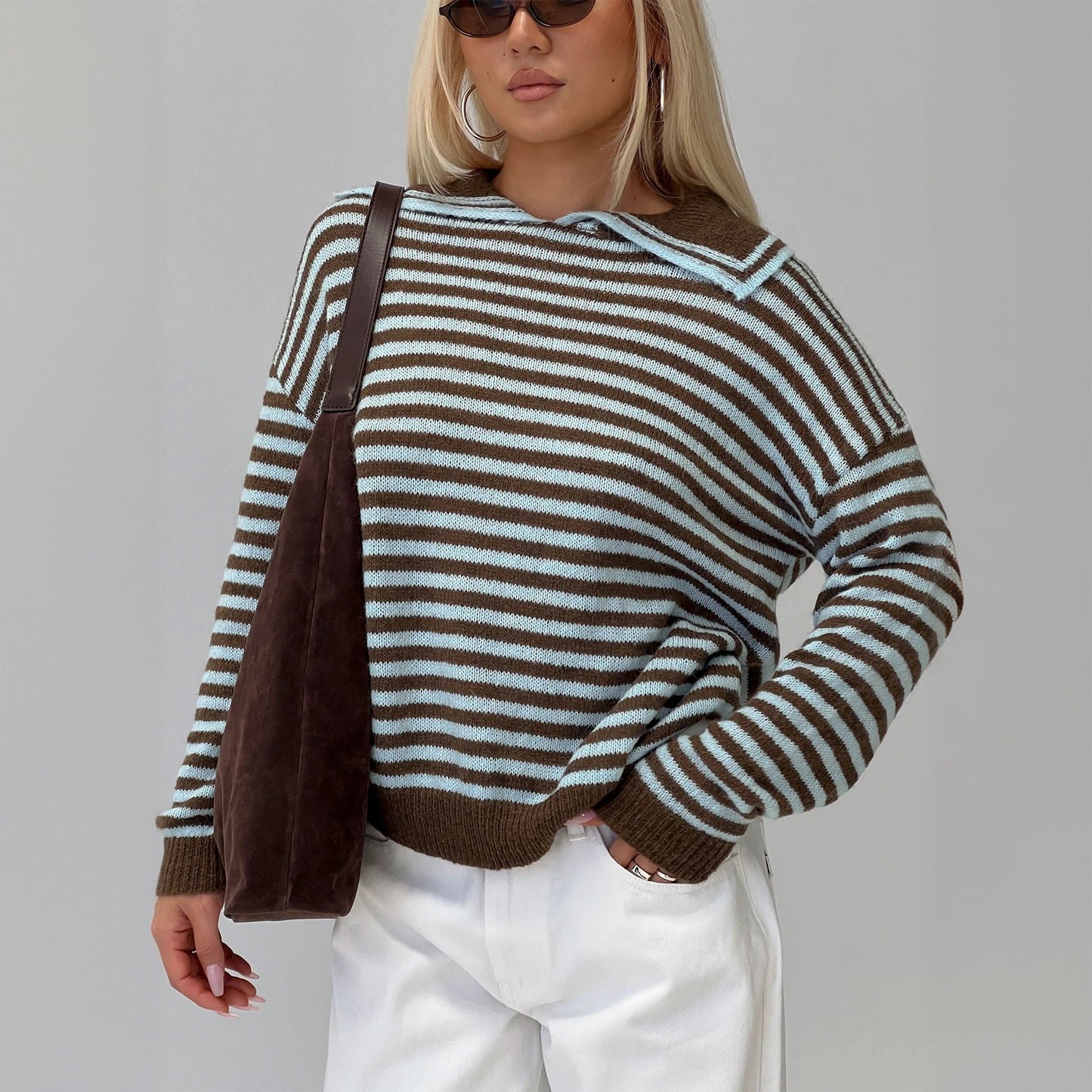 Fashion Leisure Commute Loose Striped Crew Neck Long Sleeves Sweater