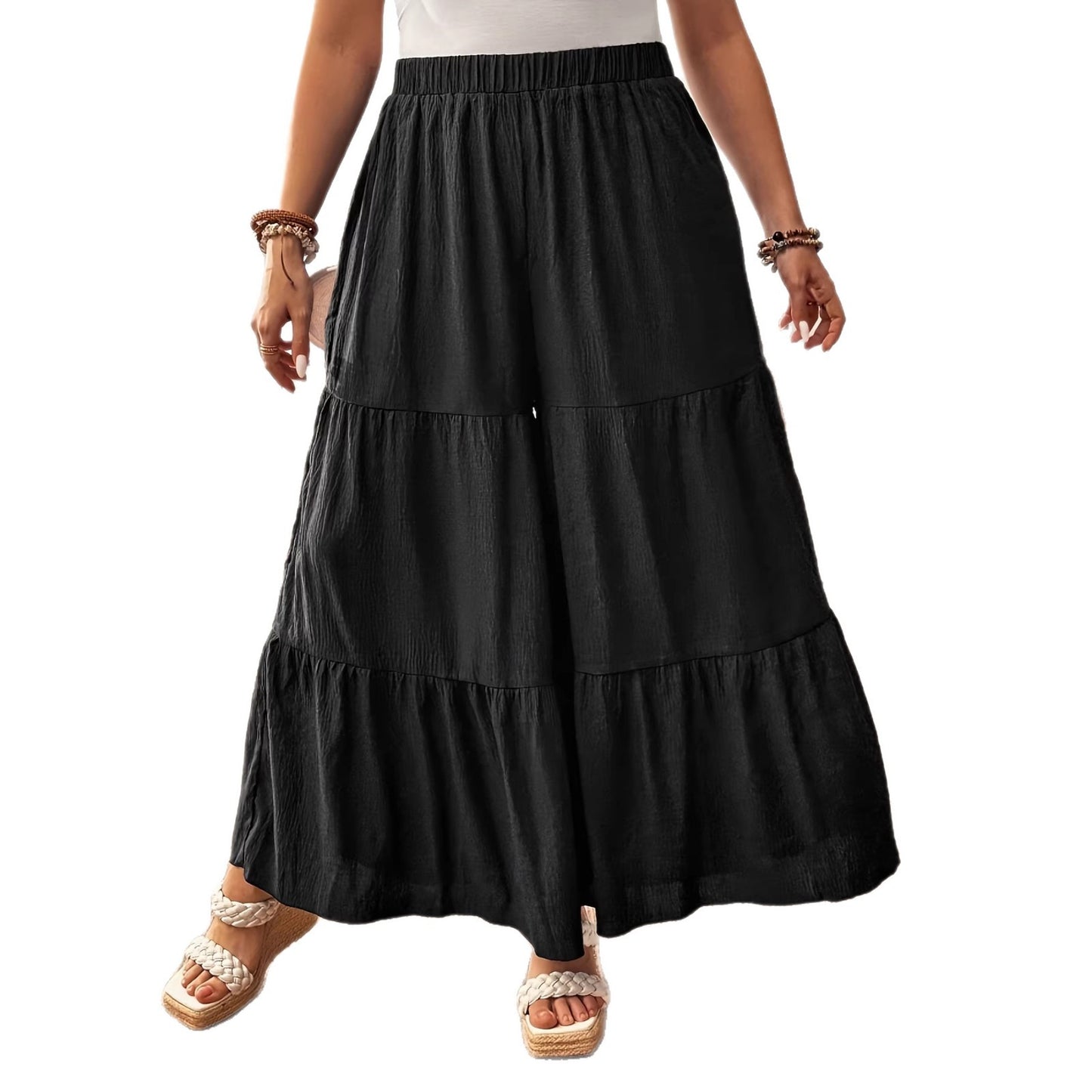 Casual Relaxed-fit Pleated Wide-leg Layered Cake Pants