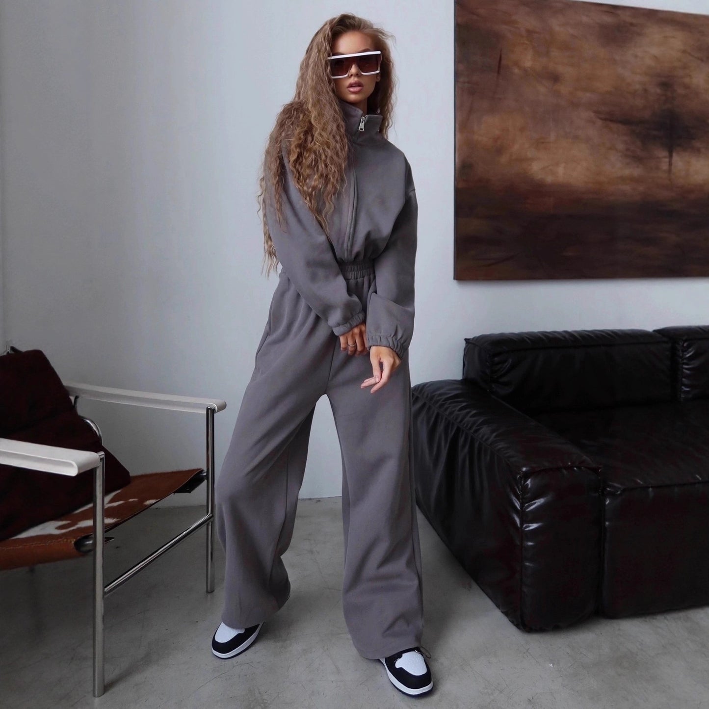 Womens Long-sleeve Zip-front Collared Jumpsuit