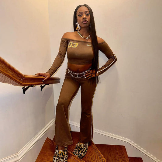 Off-shoulder Long-sleeve Top And Drawstring Wide-leg Pants Set