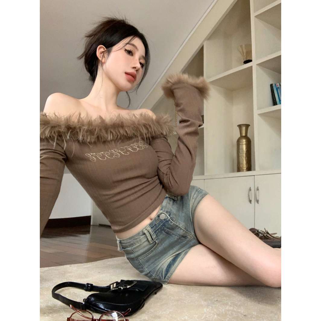 American-style Rhinestone-embellished Short-length Long-sleeve Base Shirt