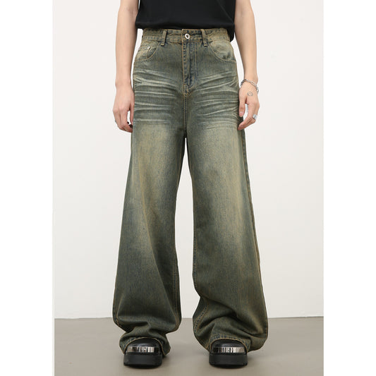 American Retro Cyan Washed Jeans With Whiskers Men