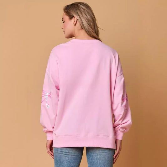 Bow Sequined Top Casual Loose Long Sleeve Sweatershirt Women