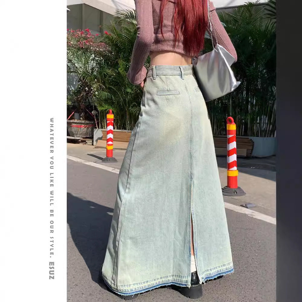 Light Color Retro Washed Denim Skirt For Women