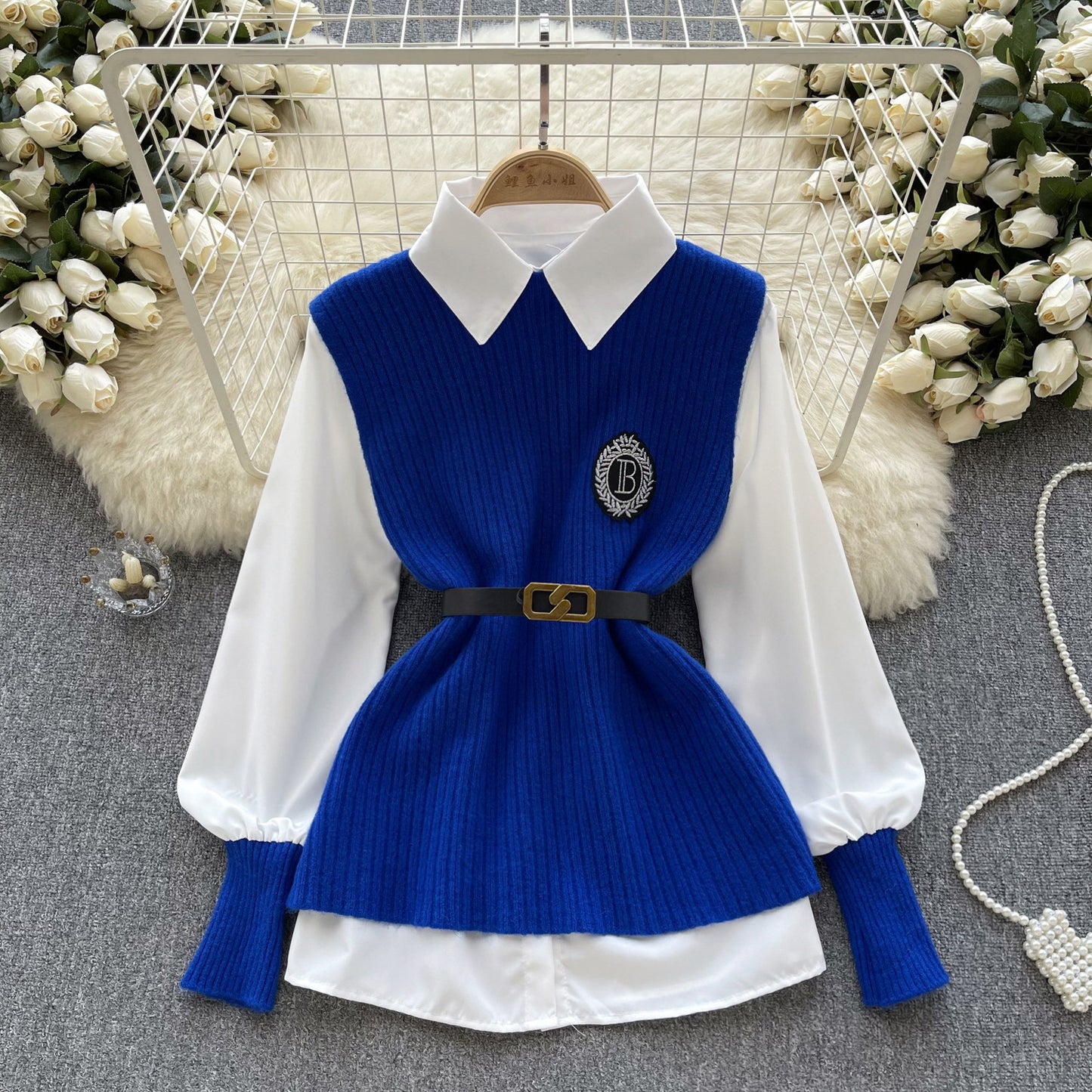Loose Long Sleeves Shirt Knitted Vest High-grade Light Luxury Socialite Suit