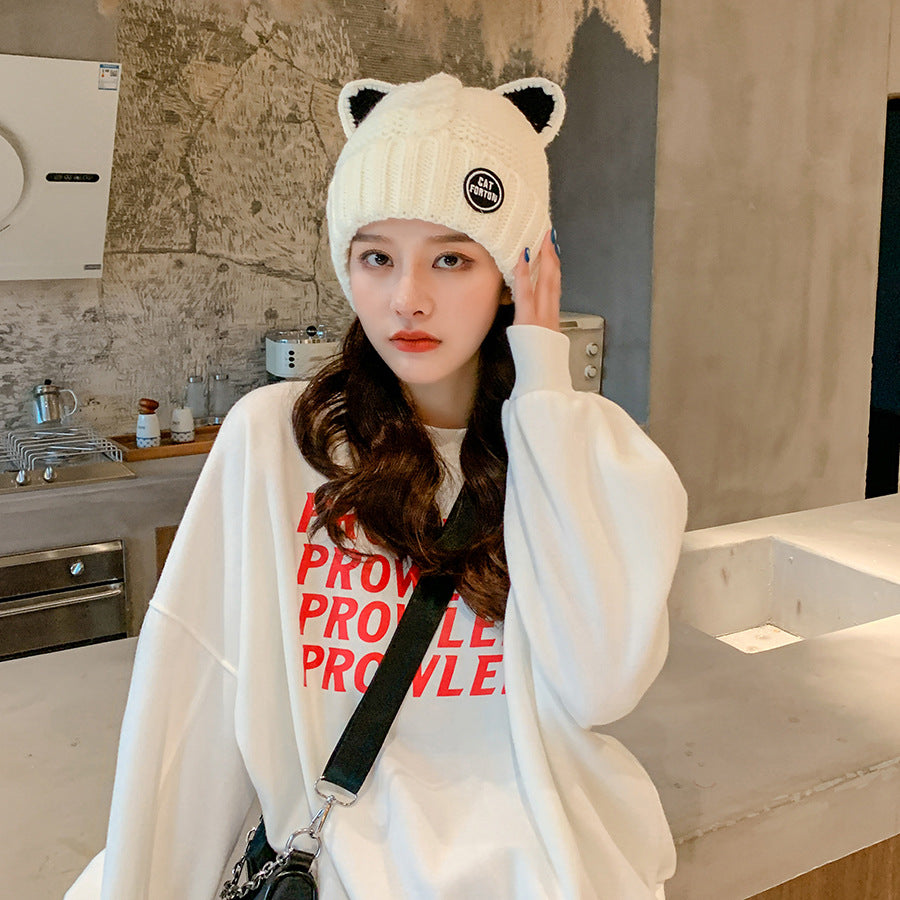 Female Cute Fleece Lined Cat Ears Woolen Cap