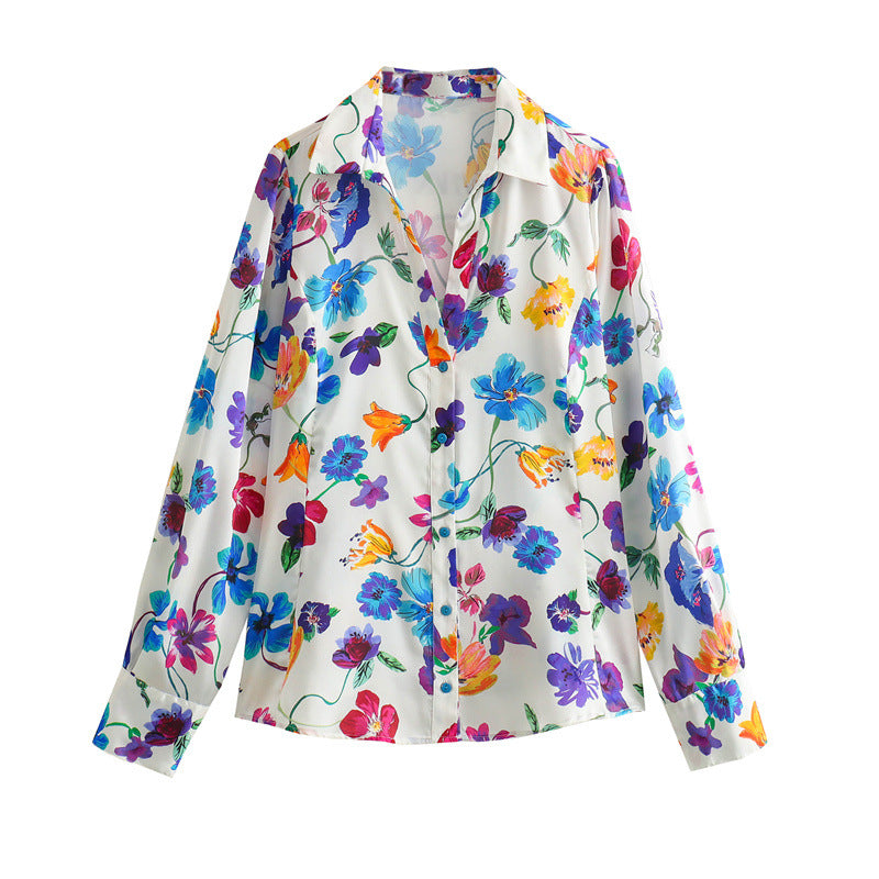 Women's French Fashion Floral Print Satin Shirt Women