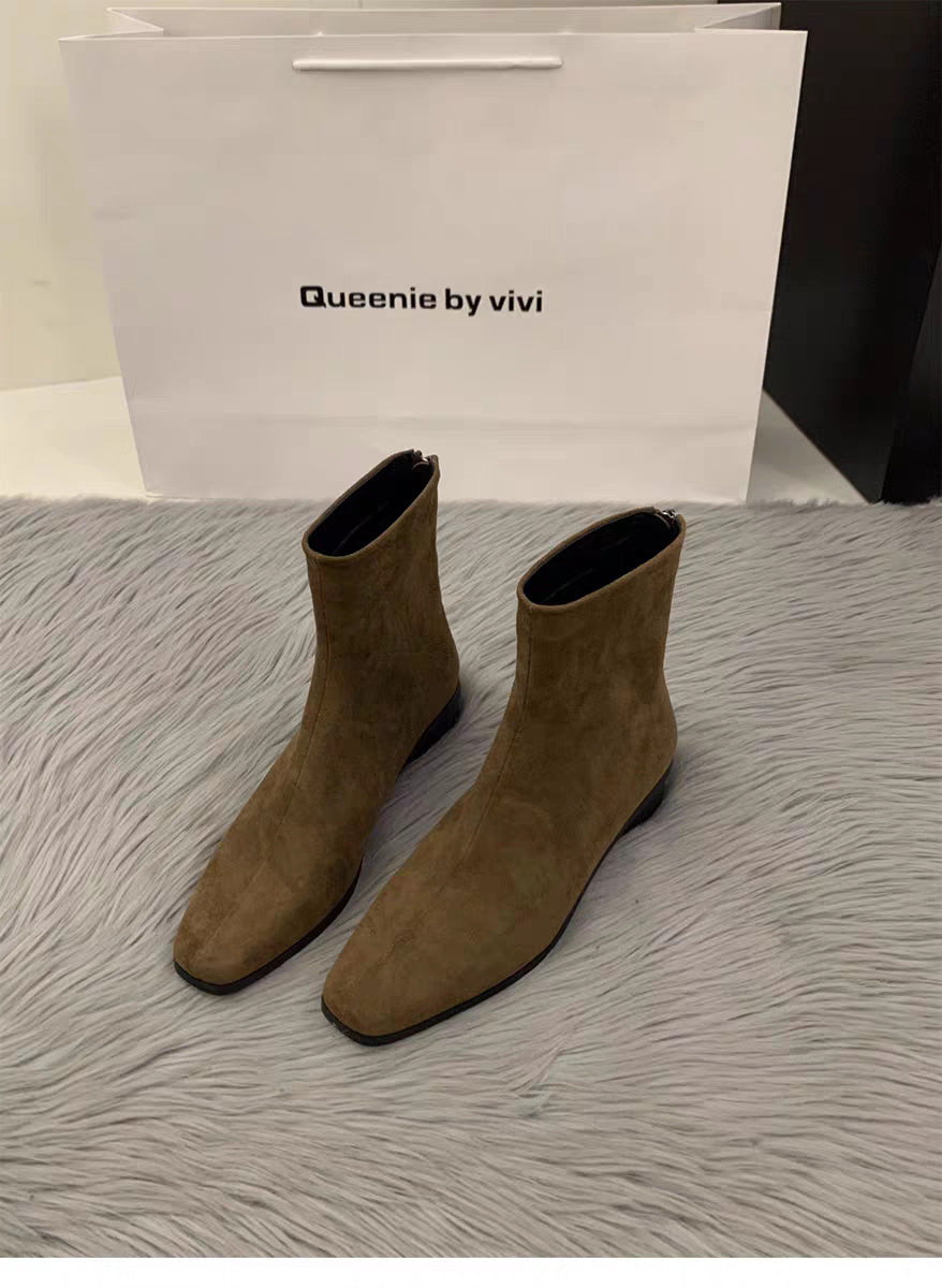 Womens Chunky-Heel Suede All-Match Fleece-Lined Stylish Ankle Boots
