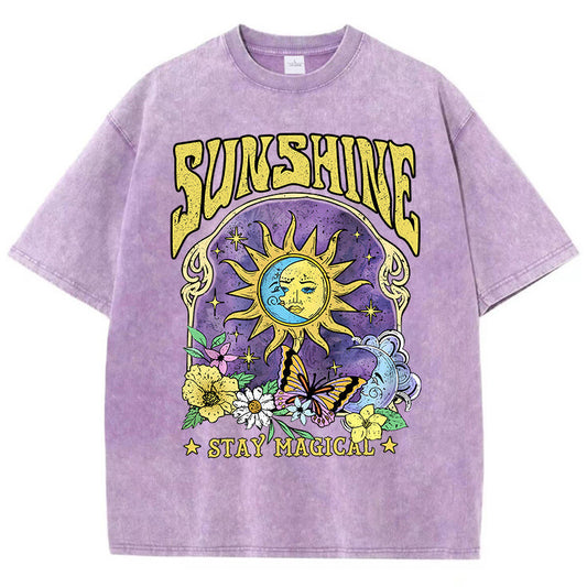 Sunshine Humor Sol Måne Blomst Sommerfugl Casual T-shirt