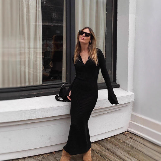 Women's Knitted Long-Sleeve Dress Deep V-Neck Sweater For Export