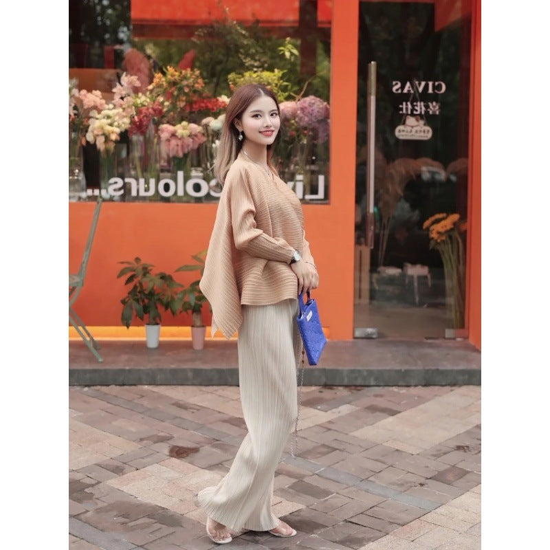 Women's Solid Color Casual Pleated Slim-fit Wide-leg Pants