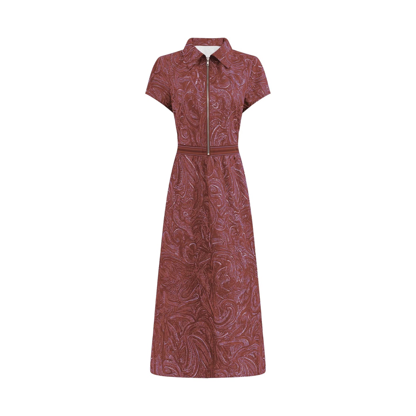 Printed Lapel Collar Defined Waist A-Line Maxi Dress