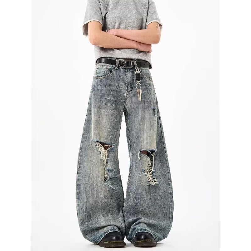 Distressed Ripped Bamboo-pattern Curved Knife High-street Loose Wide-leg Pants For Men And Women