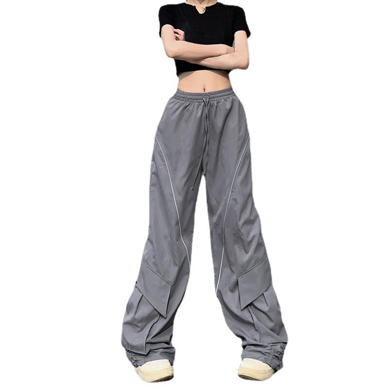 Women's Large Pocket Pleated Drawstring Elastic Lace Casual Pants