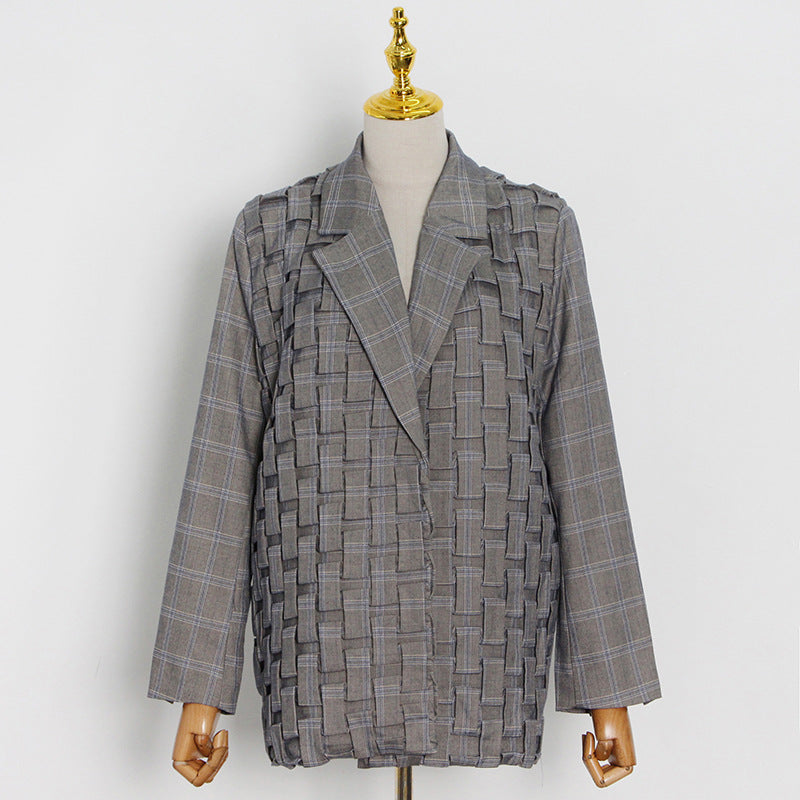 Personalized Grey Plaid Jacket With Heavy Pleating