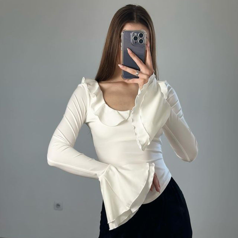 Ruffle-trimmed Crew-neck Top With Flared Sleeves
