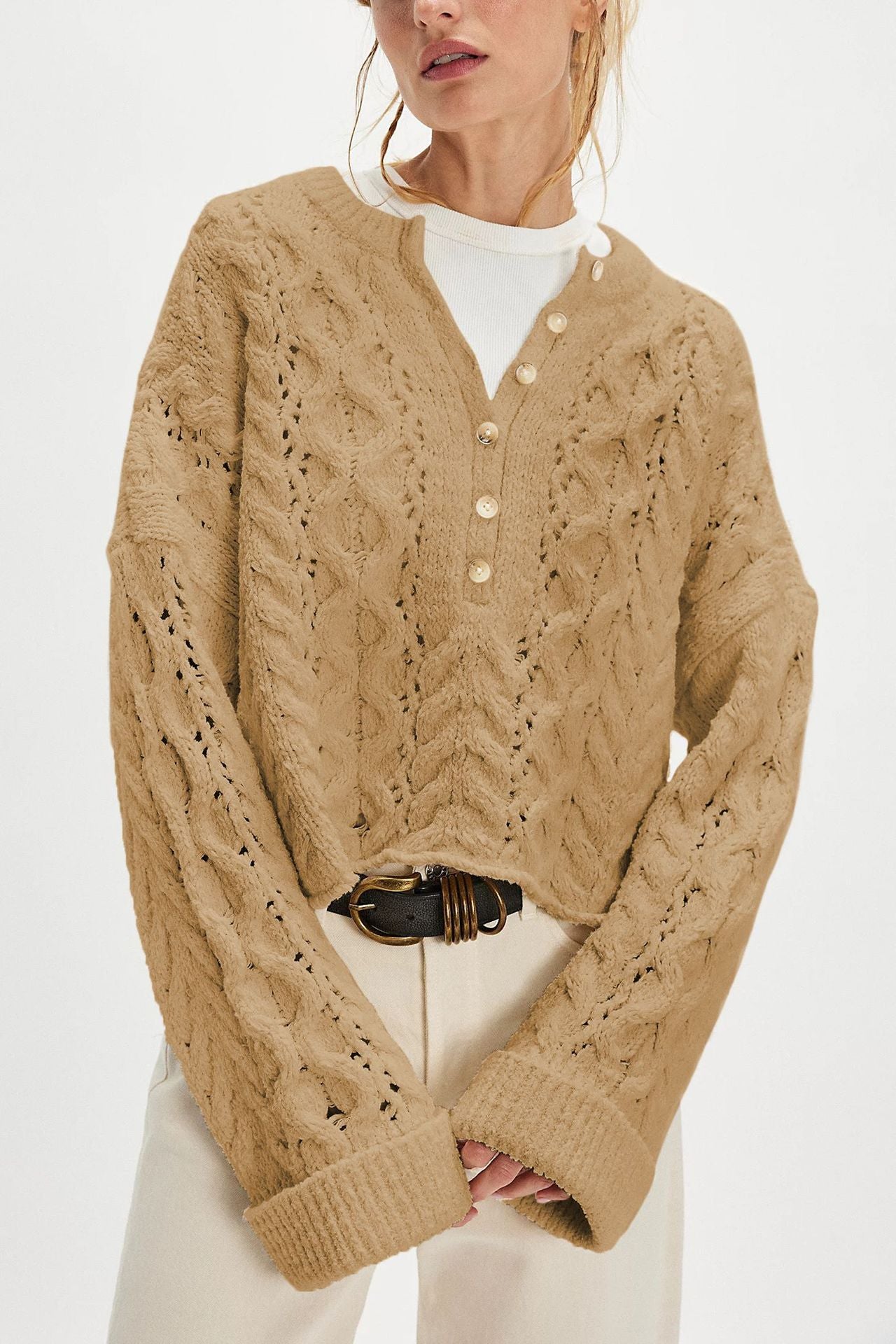 Cable Loose-fitting Solid Color Pullover Sweater