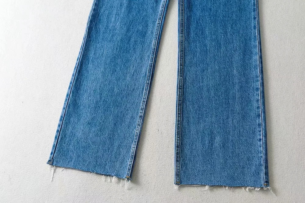 Mopping And Frayed Denim Trousers New High-waisted Loose-fitting Thin Straight And Wide-legged