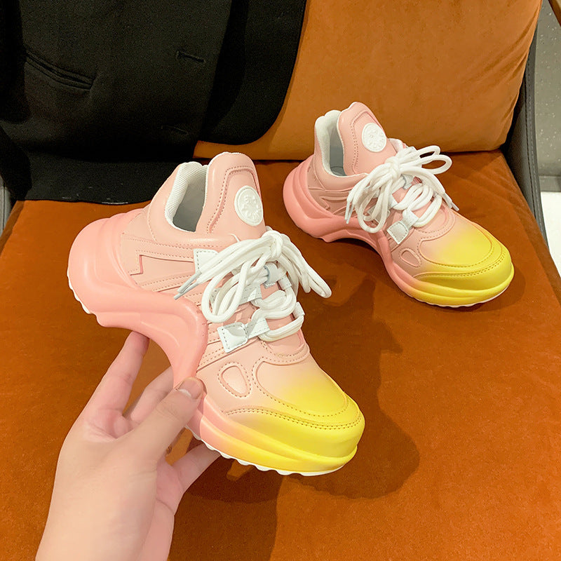 Height-enhancing Sponge Cake Thick-soled Breathable Color-blocking Bow Sports Shoes
