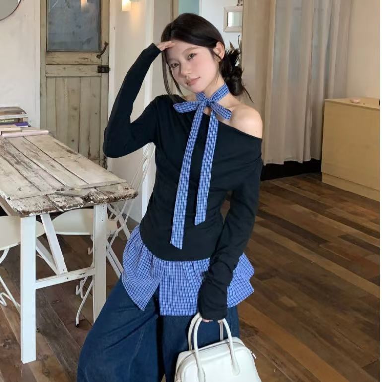 Women's Fake Two-piece Grid Off-shoulder T-shirt