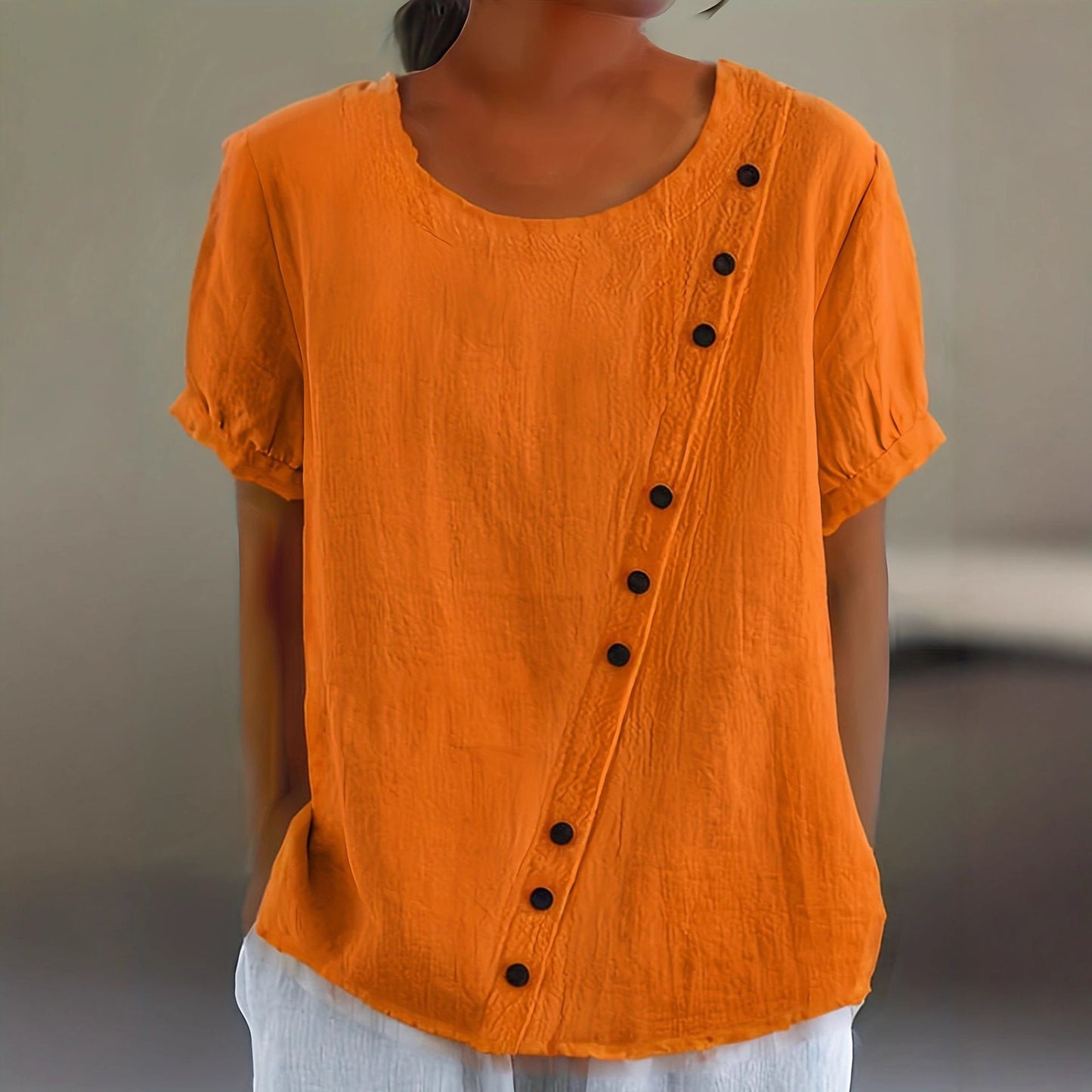 Womens Retro Cotton-Linen Short-Sleeve Shirt