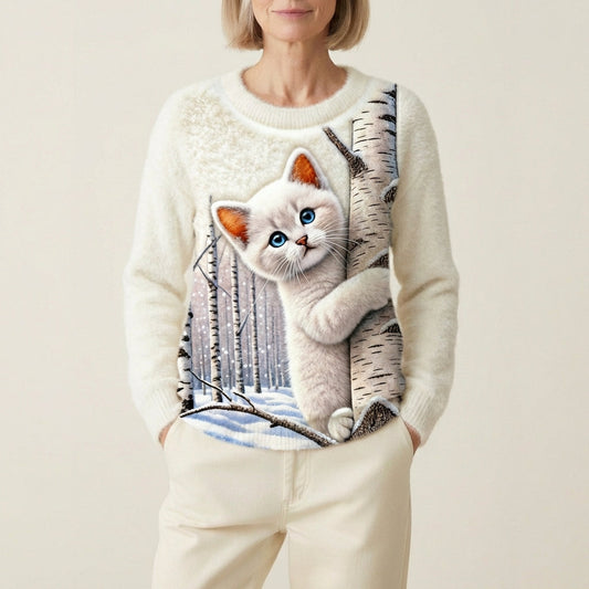 New Flannel Printed Christmas Sweet Crew-Neck Top With Snowman Design