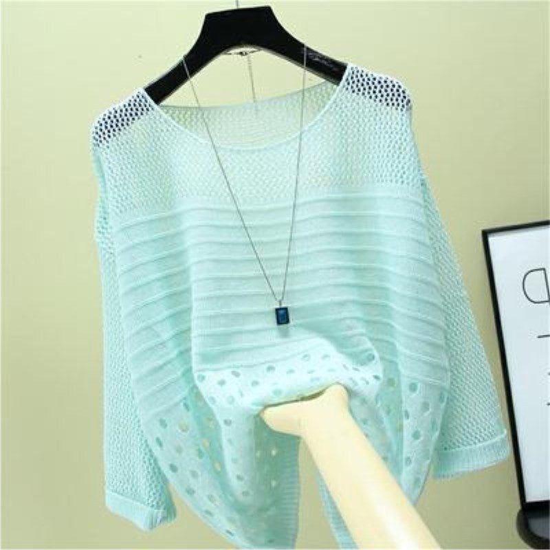 New Women's Loose Scoop Neck Thin Hollow Knit Blouse