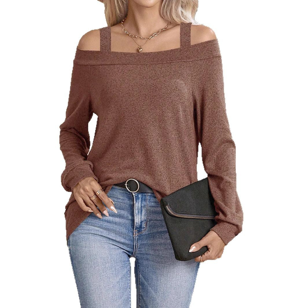 Off-shoulder Collar Solid Color Long-sleeved Top