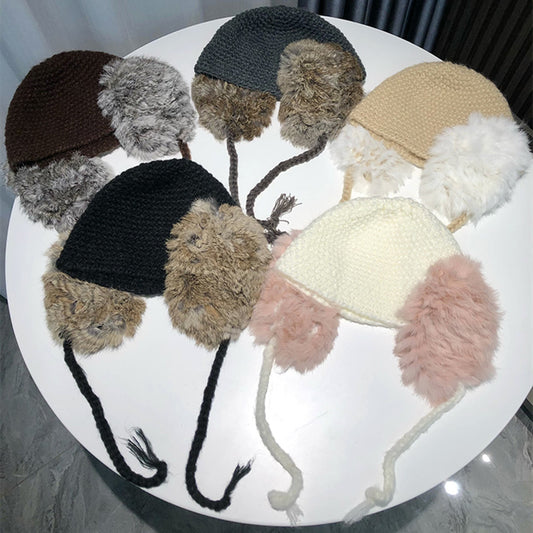 Women's Furry Double Ear Protection Rabbit Wool Beanie Hat