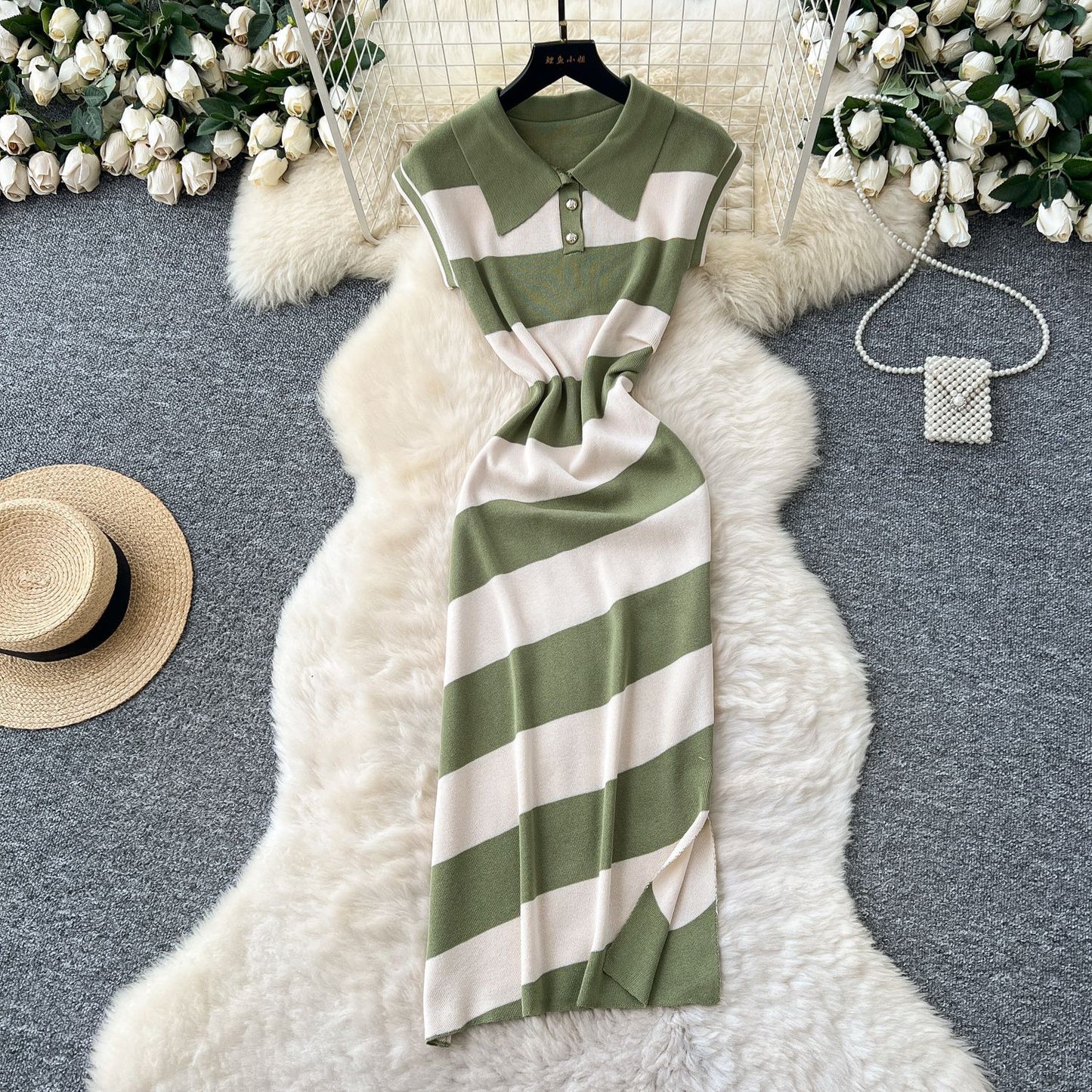 Niche Vintage-style Fashion Polo-neck Short-sleeve Contrast-striped Knit Dress