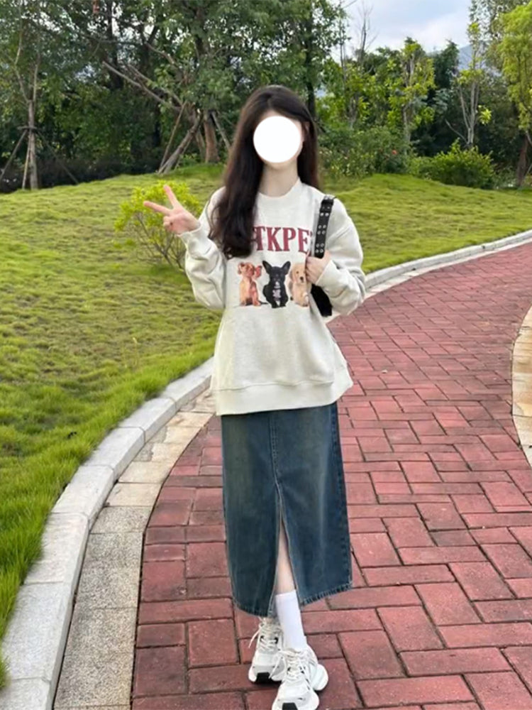 American Retro Cartoon Puppy Gray Sweater Female Spring And Autumn Idle Style Niche Round Neck Long Sleeve Top