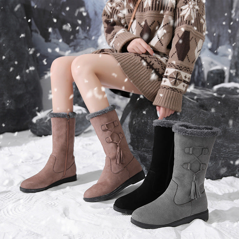 Women's Flat-heeled Fringe Plus Velvet Warm Boots