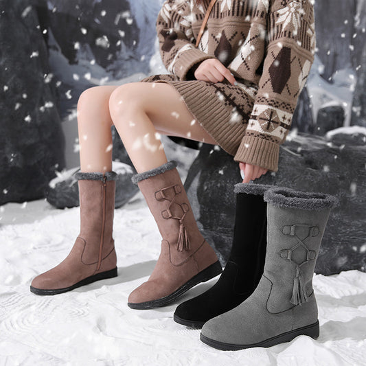 Women's Flat-heeled Fringe Plus Velvet Warm Boots