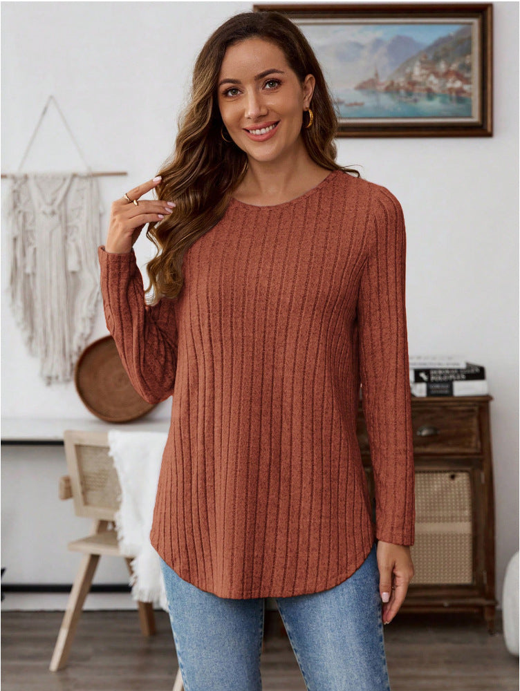 Womens Solid-Color T-Shirt With A Crew Neck Long Sleeves And Buttons