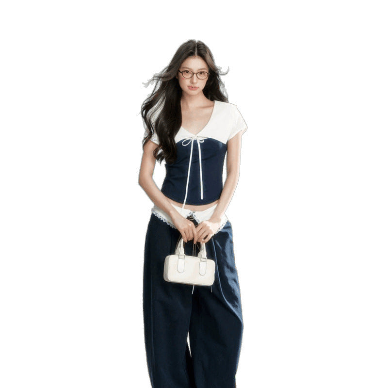 Loose Leisure All-matching Thin T-shirt Purplish Blue Stitching Outerwear Top