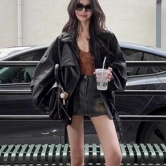 Black Vintage Biker-style Lapel PU Leather Jacket