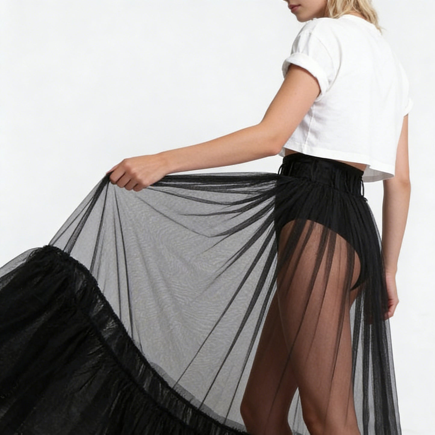 Puffed Fishtail Stiff-net Petticoat With Ruffled Hem Sheer Mid-length Skirt