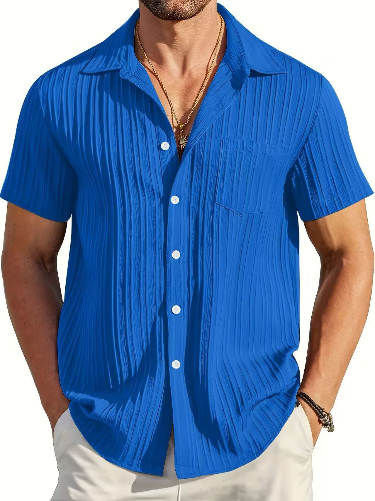 Polo Collar Solid Color Short Sleeve Button Shirt Men's Shirt