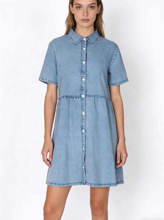 Womens Washed Mid-Waist Lapel Short-Sleeve Dress