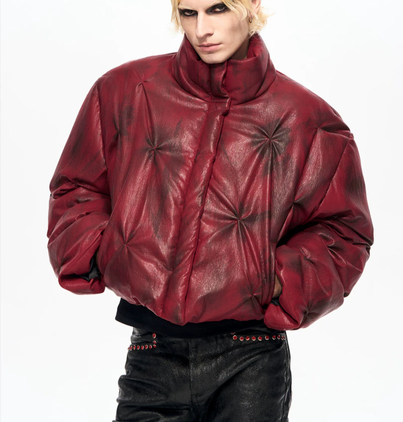 Cropped Leather Puffer Jacket With A Stand-up Collar And Shirring