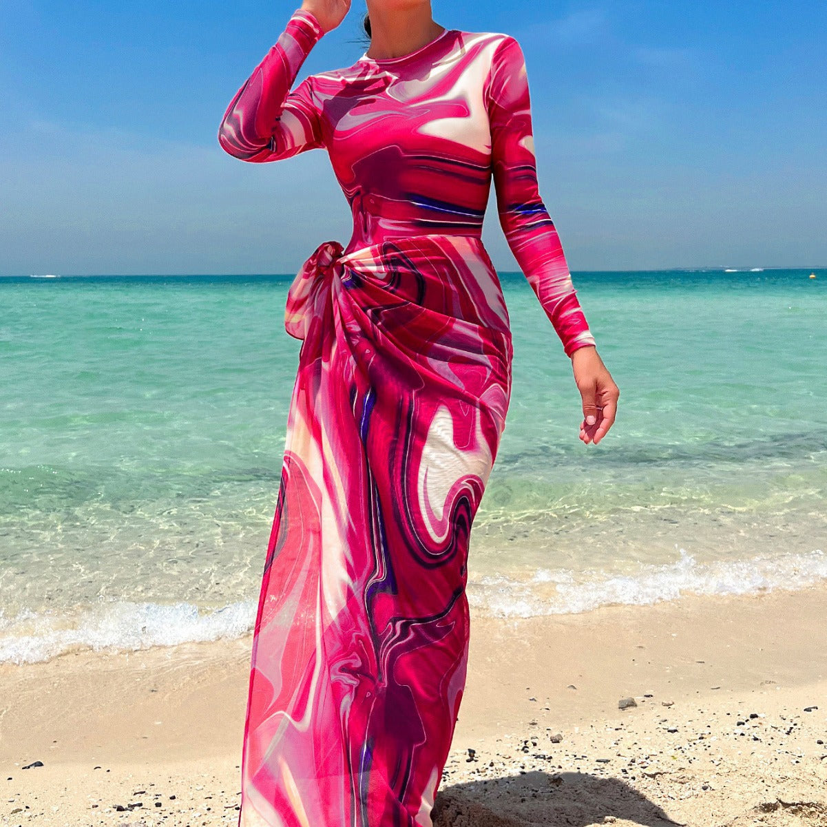 Womens Long-sleeve, Modest, Long-length Printed Vacation Beach Swimsuit